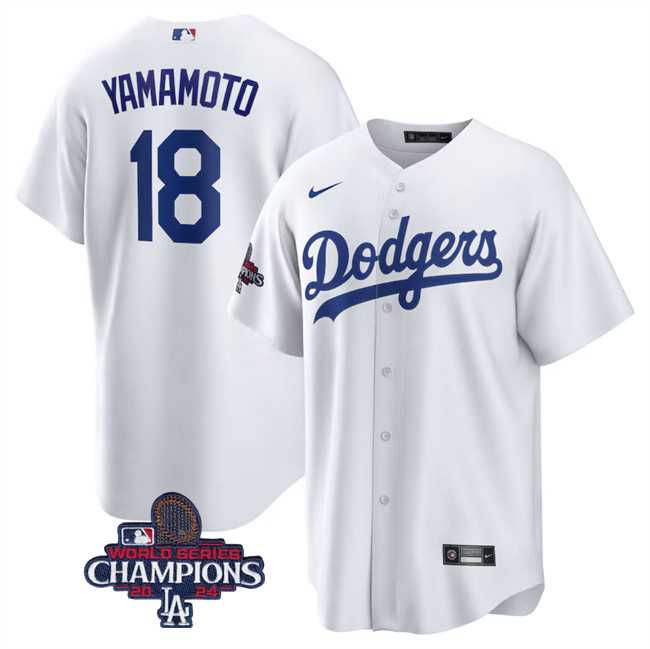 Men%27s Los Angeles Dodgers #18 Yoshinobu Yamamoto White 2024 World Series Champions Cool Base Stitched Baseball Jersey